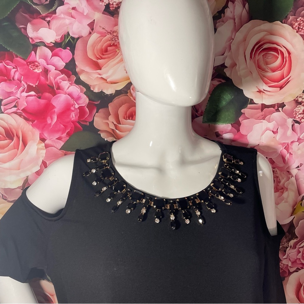 Haani Women Plus size 1x Black Cold Shoulder Rhinestone Embellished Dress